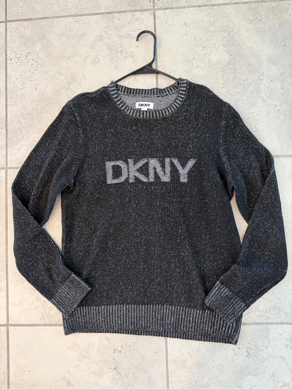 DKNY Black Heather Crewneck Sweater with Gray Logo